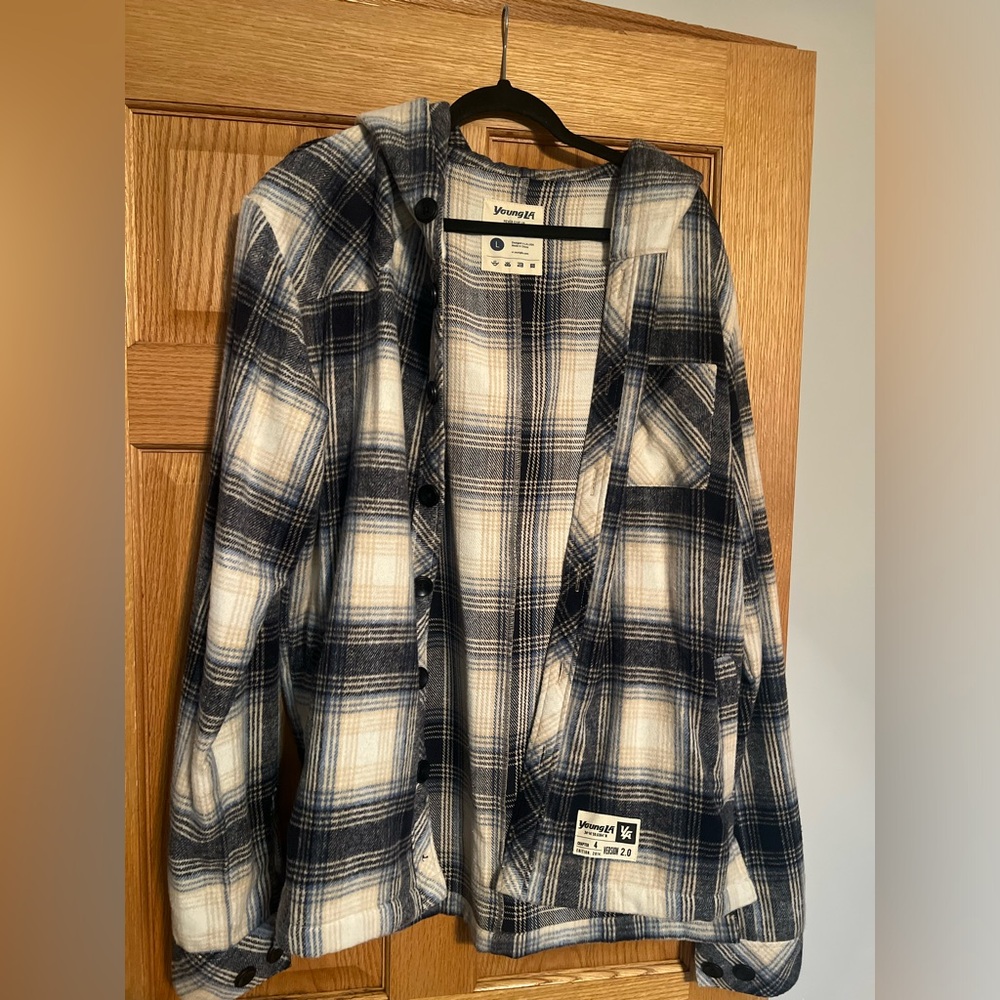 White and Navy Plaid Young LA Flannel Hoddie